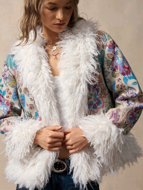 Jackets & Blazers - Women's Jacquard Patchwork Fuzzy Long Sleeve Loose Fashion Jacket